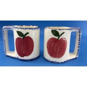 Vtg Lot Of 2 Blue Sponge Paint Coffee Mug with Red Apple Farmhouse Teacher Signd